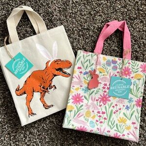 100% Cotton Thick Canvas Easter Reusable Shopping Gift Bags, 2 Floral Dinosaur